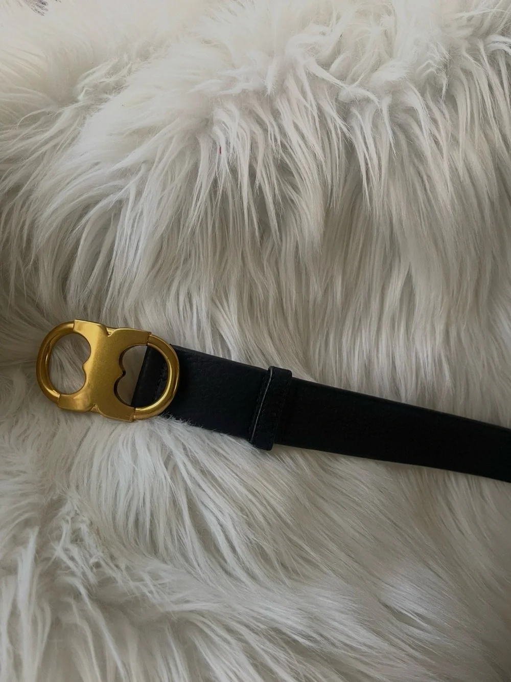 Tory Burch Black Leather Belt with Gold Logo Buckle